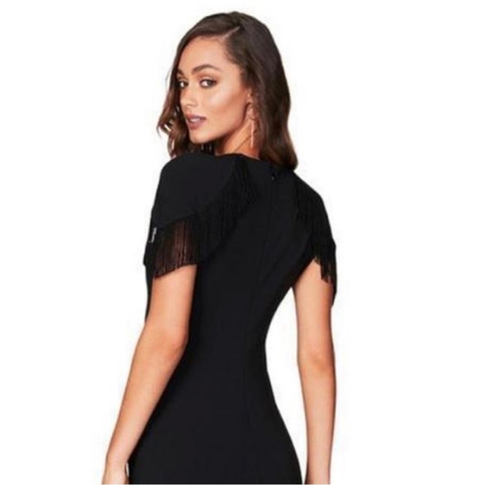 Nookie Black Tassel Fringe Cap Sleeve Fitted, Skinny Leg Evening Jumpsuit Size S